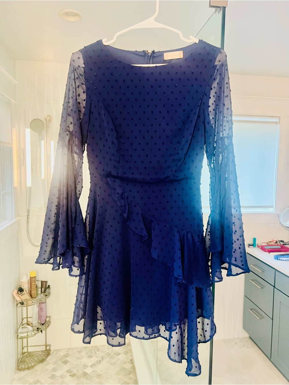 Altar'd State Navy Polka Dot Chiffon Ruffle Long-Sleeve Dress